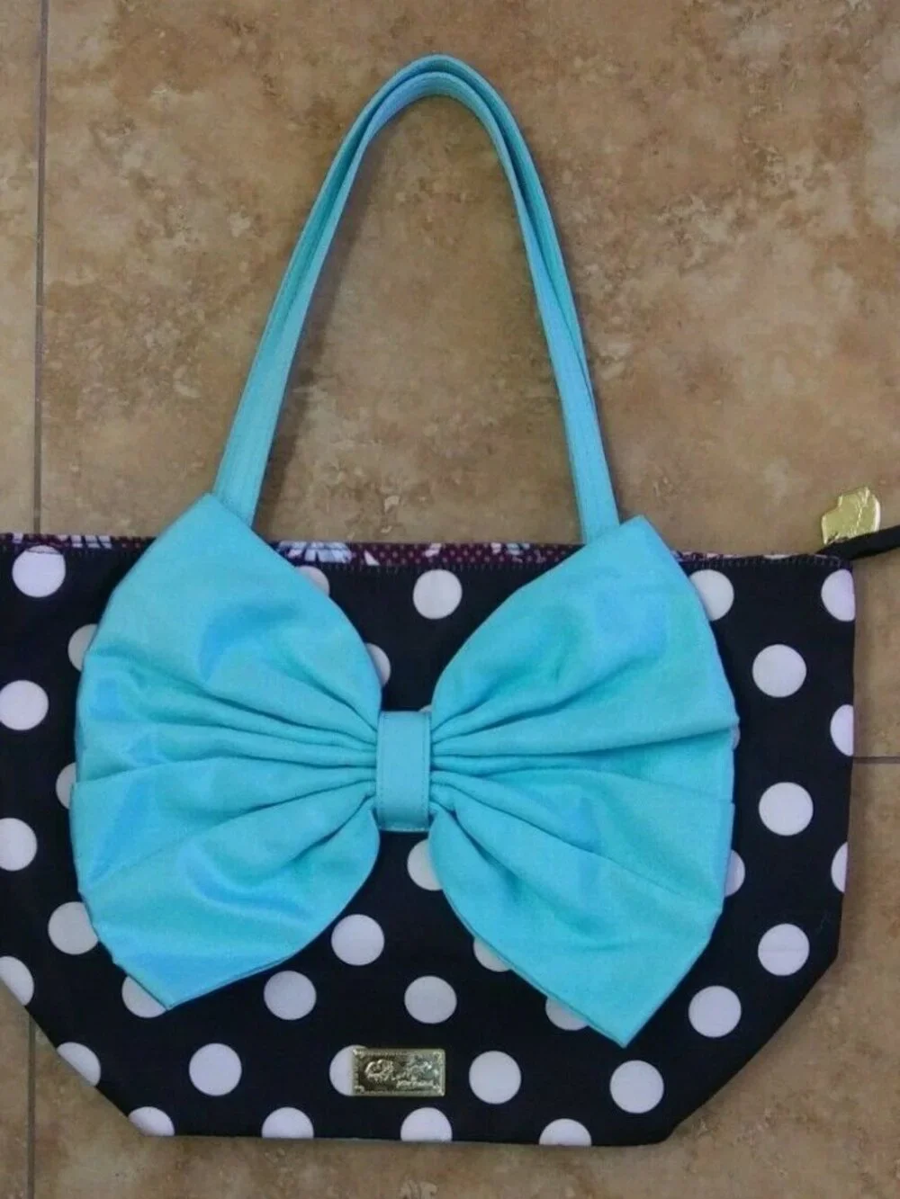 Betsey Johnson Purse Black & White with Teal Bow ...Very Cute